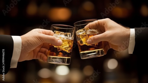 Close-up of hands with two glasses of whiskey on ice, toasting each other, business suit, 16:9 photo