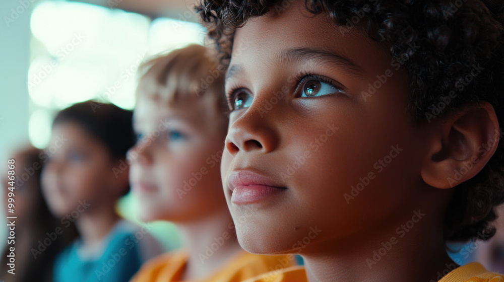 Portrait of cute african american boy looking away in classroom. Young child standing in contemplation, indoor education setting, innocence and joy of childhood Portrait of cute african american boy looking away in classroom. Young child standing in contemplation, indoor education setting, innocence and joy of childhood