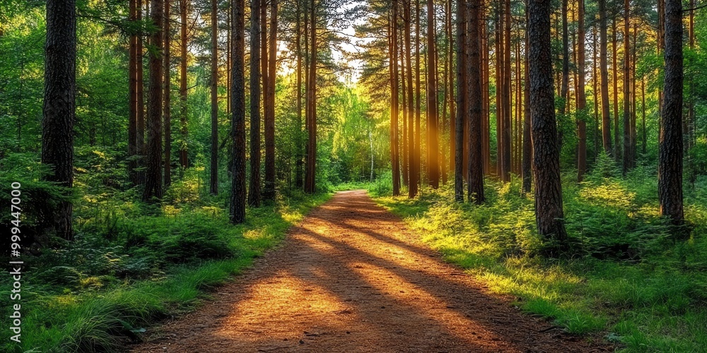 A dirt path winds through a dense forest, sunlight shining through the trees and creating a warm glow on the path. A dirt path winds through a dense forest, sunlight shining through the trees and creating a warm glow on the path.