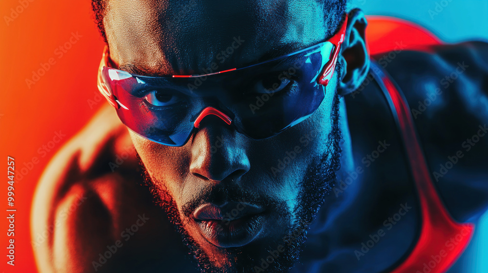 Portrait strong muscular man in red and blue glasses. Sports athlete with power and strength, fitness model in sportswear. Athletic bodybuilder with serious expression. Confident male build, pride. Portrait strong muscular man in red and blue glasses. Sports athlete with power and strength, fitness model in sportswear. Athletic bodybuilder with serious expression. Confident male build, pride.