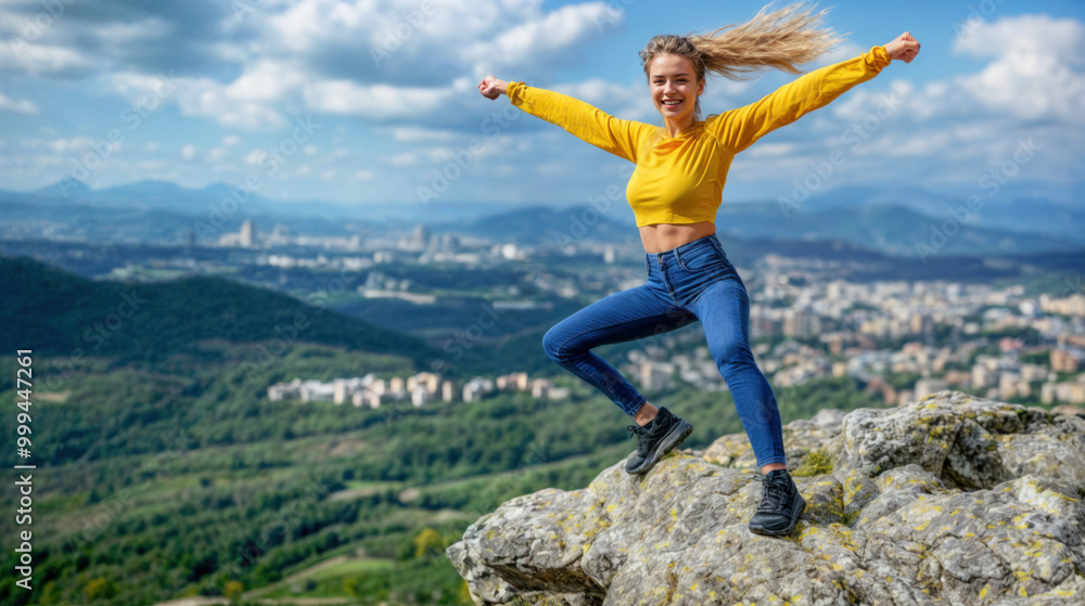 Happy young woman standing on top of mountain, enjoying city view. Freedom, adventure, and success on peak. Hiker joy in nature. Travel and outdoor lifestyle achievement. Happy young woman standing on top of mountain, enjoying city view. Freedom, adventure, and success on peak. Hiker joy in nature. Travel and outdoor lifestyle achievement.