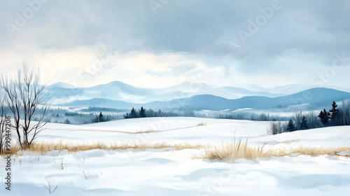 Serene Tranquil Snow-Covered Field Oil Painting