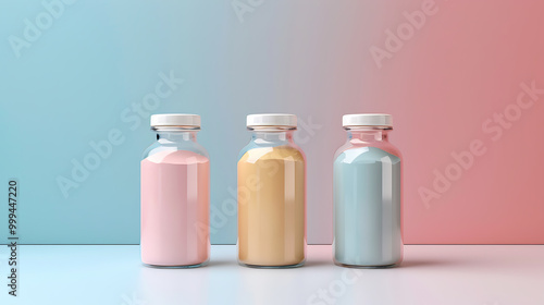 Three glass bottles with white lids filled with pink, yellow, and blue liquids, set against a blue and pink gradient background.