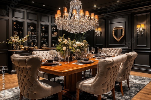 A formal dining room with a large crystal chandelier, dark wood table, and tufted chairs. photo