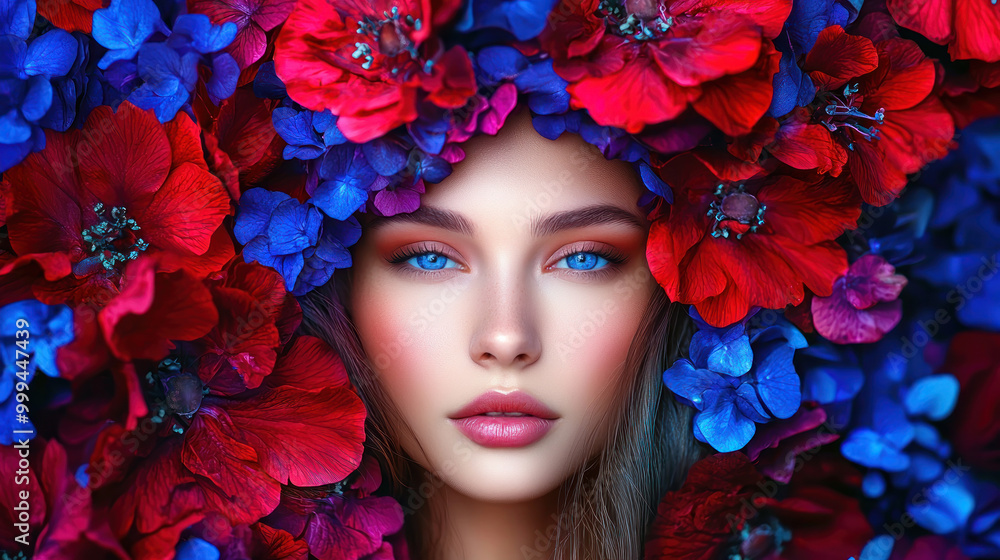 Beautiful young woman with red and blue flowers in her hair. Portrait of glamorous model with floral makeup, closeup of pretty face and lips. Spring fashion beauty with colors on background. Beautiful young woman with red and blue flowers in her hair. Portrait of glamorous model with floral makeup, closeup of pretty face and lips. Spring fashion beauty with colors on background.