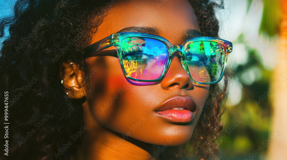 Portrait beautiful african american woman with trendy sunglasses. Young, stylish model posing with confidence. Colorful background, fashionable hair, bright. Summer beauty, attitude, and modern style. Portrait beautiful african american woman with trendy sunglasses. Young, stylish model posing with confidence. Colorful background, fashionable hair, bright. Summer beauty, attitude, and modern style.