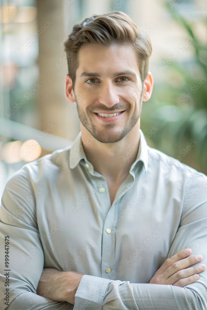 A man in his late 20s, standing with his arms crossed and a self-assured smile on his face A man in his late 20s, standing with his arms crossed and a self-assured smile on his face