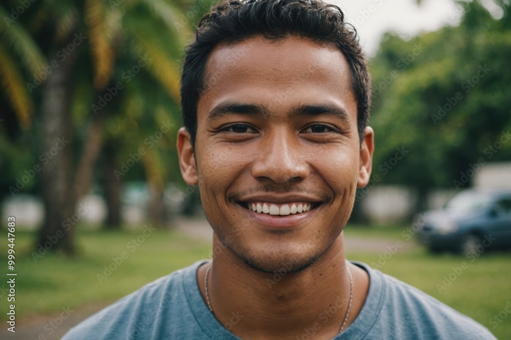Close portrait of a smiling young Micronesian man looking at the camera, Micronesian outdoors blurred background Close portrait of a smiling young Micronesian man looking at the camera, Micronesian outdoors blurred background