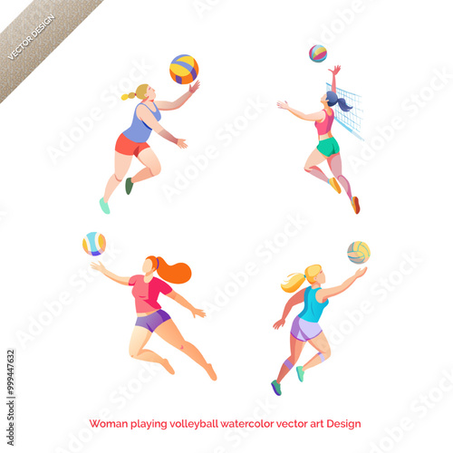 Spike in Action Woman Playing Volleyball  Watercolor Vector Art Design