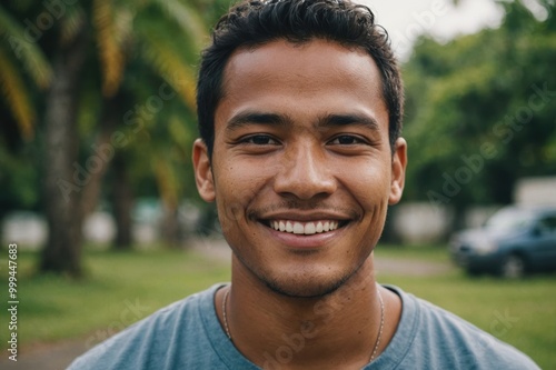 Close portrait of a smiling young Micronesian man looking at the camera, Micronesian outdoors blurred background