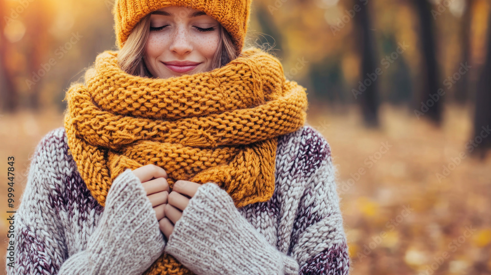Beautiful young woman in warm knitted sweater and scarf in autumn park. Smiling female model outdoors, seasonal fall color and sunlight. Happy girl with joyful face in nature, portrait carefree beauty Beautiful young woman in warm knitted sweater and scarf in autumn park. Smiling female model outdoors, seasonal fall color and sunlight. Happy girl with joyful face in nature, portrait carefree beauty