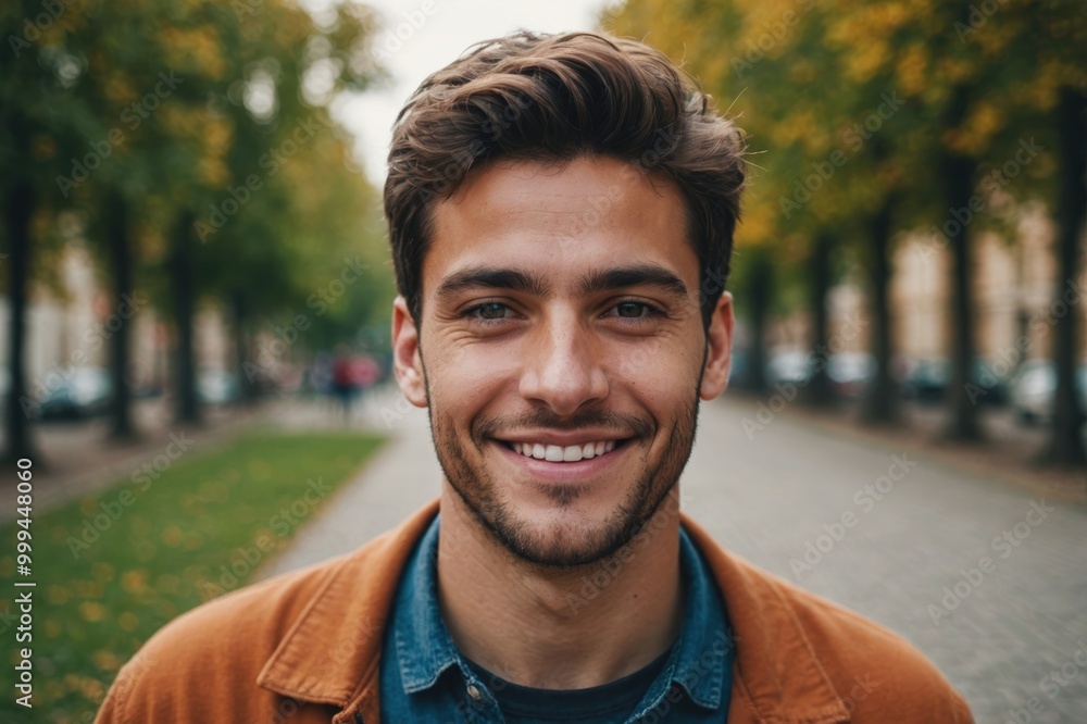 Close portrait of a smiling young Monacan man looking at the camera, Monacan outdoors blurred background Close portrait of a smiling young Monacan man looking at the camera, Monacan outdoors blurred background