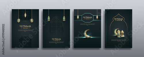 islamic greetings eid mubarak card set with islamic ornament, lanterns and crescent moon
