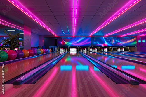 A bowling alley with neon lights and a blue ball., photo