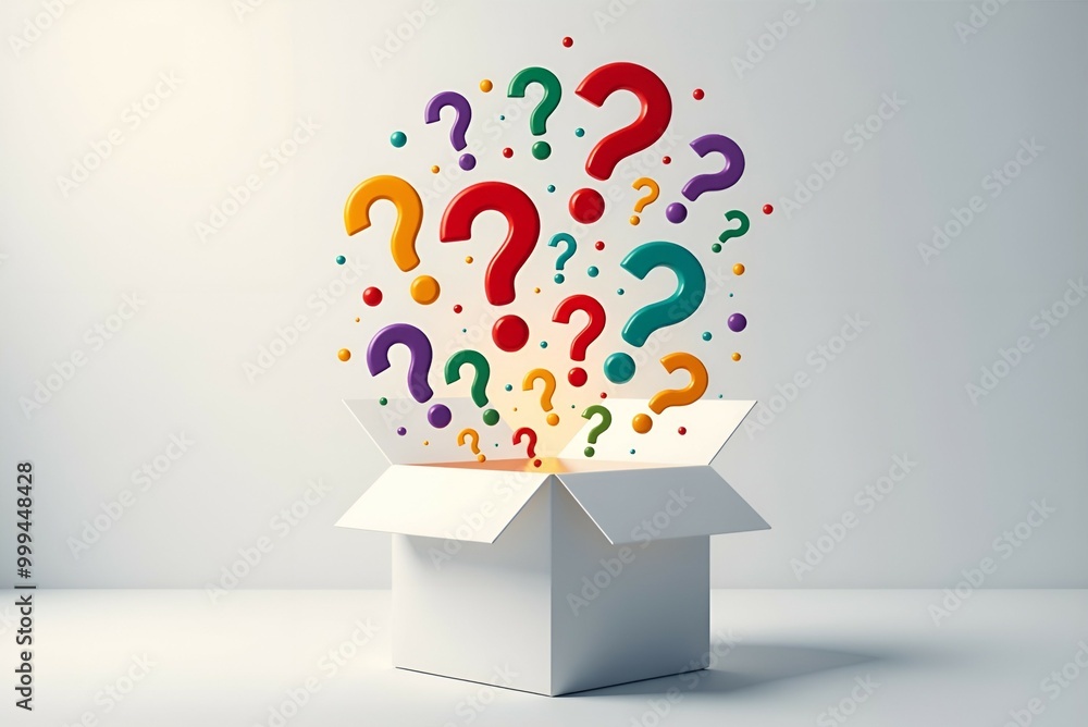 A white box containing an array of colorful question marks emerging from it A white box containing an array of colorful question marks emerging from it