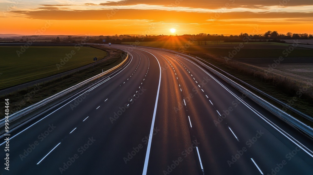 Naklejka premium A serene highway scene at sunset, with sun rays illuminating the road, creating a peaceful atmosphere over the landscape.