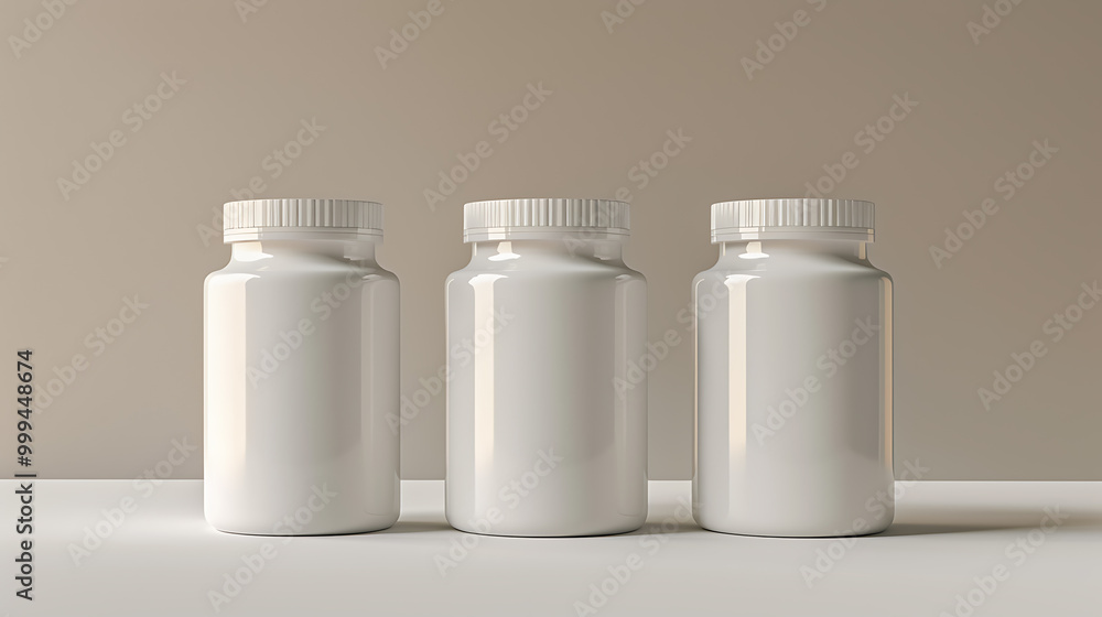 Three white pill bottles sit on a white surface against a beige backdrop. Three white pill bottles sit on a white surface against a beige backdrop.