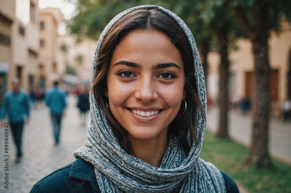 Close portrait of a smiling young Moroccan woman looking at the camera, Moroccan outdoors blurred background Close portrait of a smiling young Moroccan woman looking at the camera, Moroccan outdoors blurred background