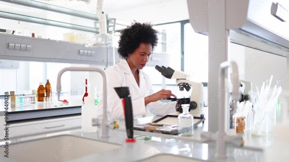 African American female scientist working at the lab and examining some samples on the microscope African American female scientist working at the lab and examining some samples on the microscope