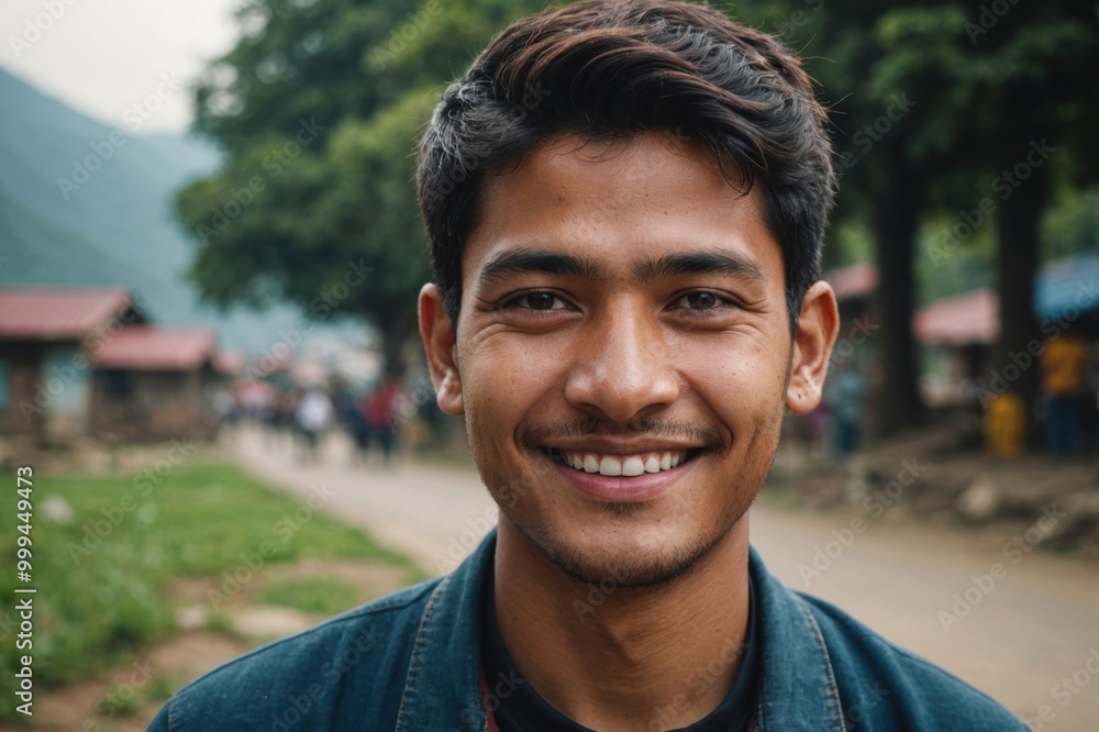 Close portrait of a smiling young Nepalese man looking at the camera, Nepalese outdoors blurred background Close portrait of a smiling young Nepalese man looking at the camera, Nepalese outdoors blurred background