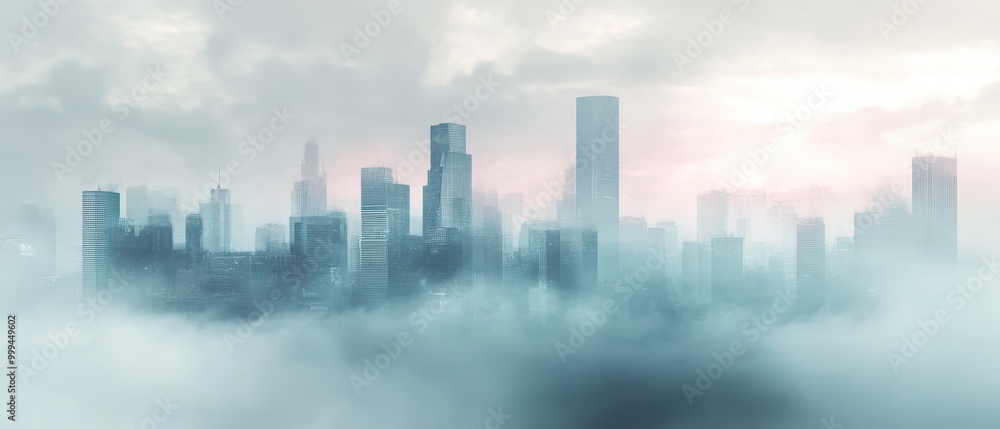 Fototapeta premium A misty city skyline emerges through fog, showcasing skyscrapers against a pastel sky, evoking a sense of mystery and tranquility.