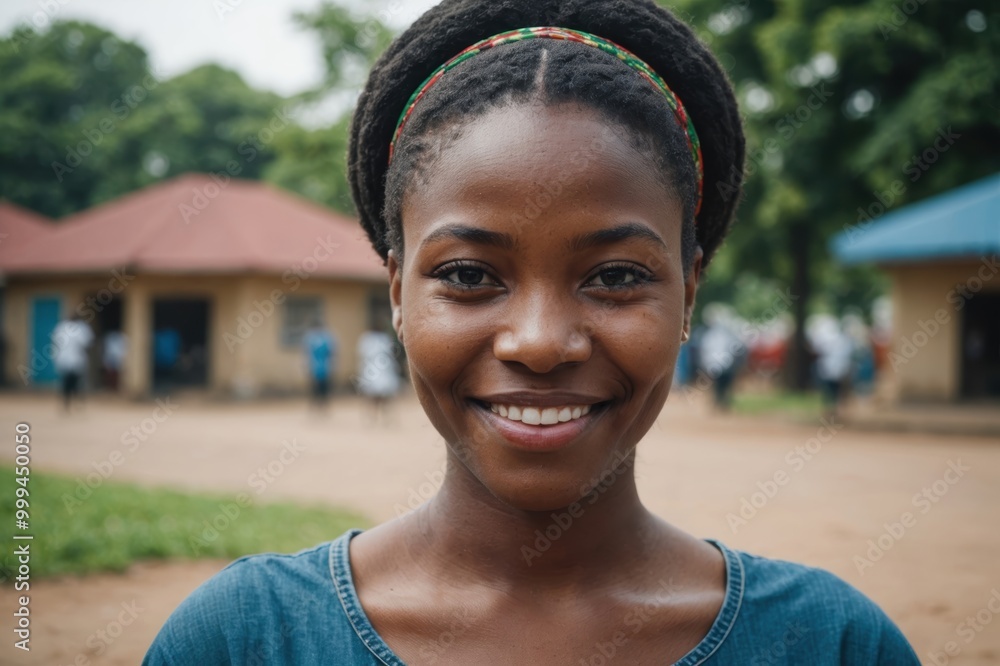 Close portrait of a smiling young Nigerian woman looking at the camera, Nigerian outdoors blurred background Close portrait of a smiling young Nigerian woman looking at the camera, Nigerian outdoors blurred background
