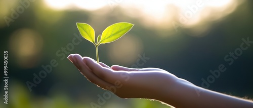 A hand gently holding a small green plant with two leaves, symbolizing growth, nature, and environmental care. photo