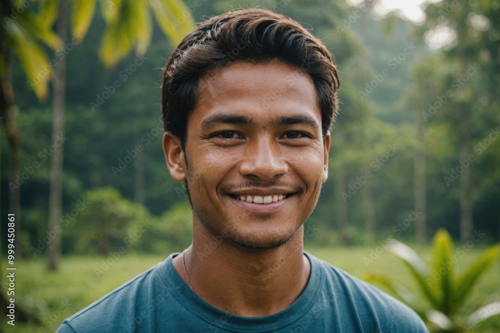 Close portrait of a smiling young Palauan man looking at the camera, Palauan outdoors blurred background Close portrait of a smiling young Palauan man looking at the camera, Palauan outdoors blurred background