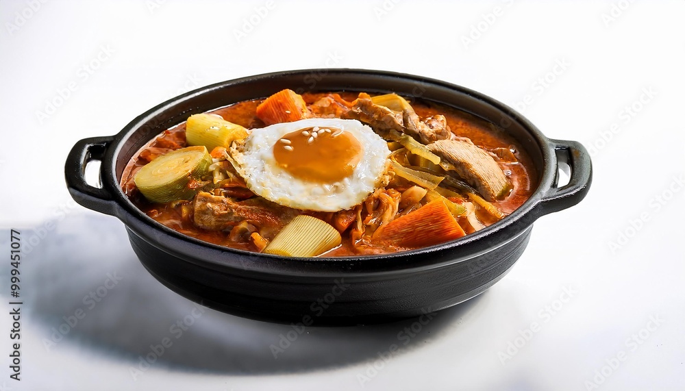 Korean Food, Budae Jjigae on white background isolated. Korean Food, Budae Jjigae on white background isolated.