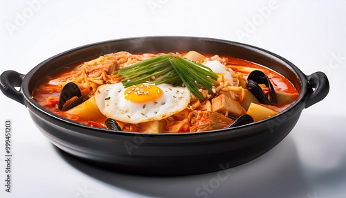 Korean Food, Budae Jjigae on white background isolated. photo