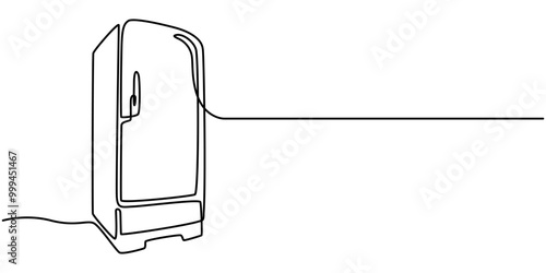 Open retro refrigerator continuous line drawing. One line art of home appliance, kitchen, electrical, freezer, food storage, One single line drawing of refrigerator home appliance. Electricity kitchen