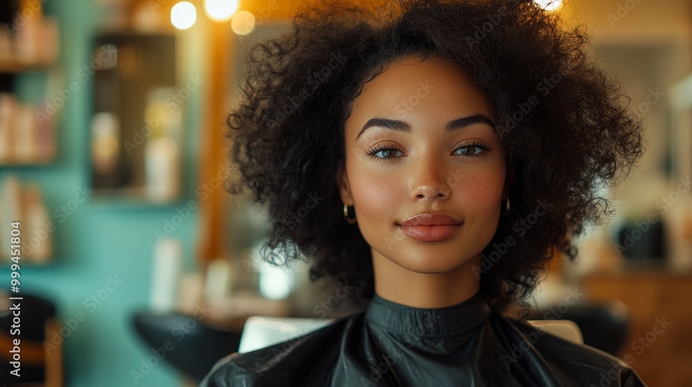 A woman with curly hair is sitting in a chair at a salon A woman with curly hair is sitting in a chair at a salon