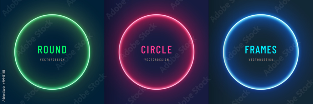 Blue, red-purple, green illuminate frame collection design. Abstract cosmic vibrant color circle border. Top view futuristic style. Set of glowing neon lighting isolated on background with copy space. Blue, red-purple, green illuminate frame collection design. Abstract cosmic vibrant color circle border. Top view futuristic style. Set of glowing neon lighting isolated on background with copy space.