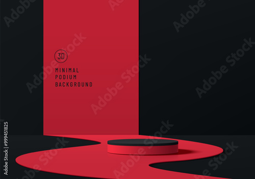 Realistic black 3D cylindrical podium background with red road free forms scene. Minimalist mockup pedestal, Abstract product display presentation, Stage showcase. Platforms vector geometric design.