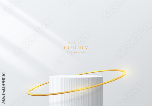 Realistic 3D white cylindrical podium background with luxury around golden ring scene. Minimalist mockup pedestal, Abstract luxury product display presentation, Stage showcase. Platforms vector design