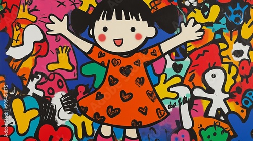 Joyful child and vibrant handprints in colorful street art