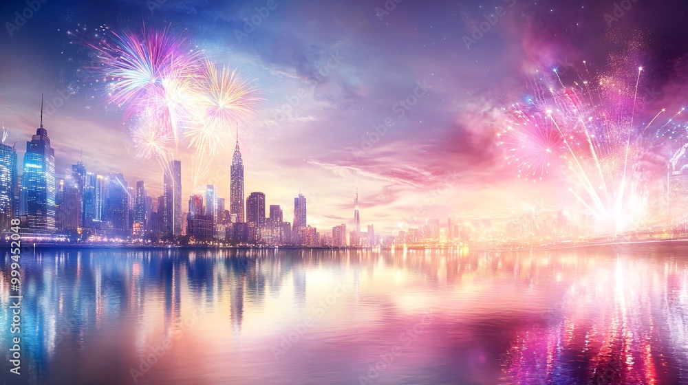 This 4K resolution scene captures the vibrant fireworks bursting over the city skyline, their colorful lights filling the night sky This 4K resolution scene captures the vibrant fireworks bursting over the city skyline, their colorful lights filling the night sky