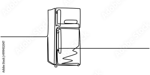 Open retro refrigerator continuous line drawing. One line art of home appliance, kitchen, electrical, freezer, food storage, One single line drawing of refrigerator home appliance. Electricity kitchen
