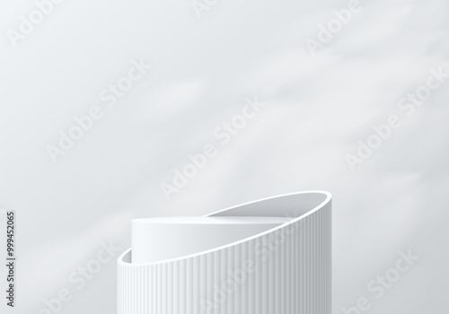 Realistic white 3D cylindrical podium background with overlay leaf lighting wall scene. Minimalist mockup pedestal, Abstract luxury product display presentation, Stage showcase. Platform vector design