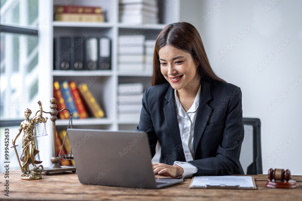 Lawyer woman or business woman working with contract documents on laptop law office or courtroom, gavel Law and justice concept.
Lawyer woman or business woman working with contract documents on laptop law office or courtroom, gavel Law and justice concept.