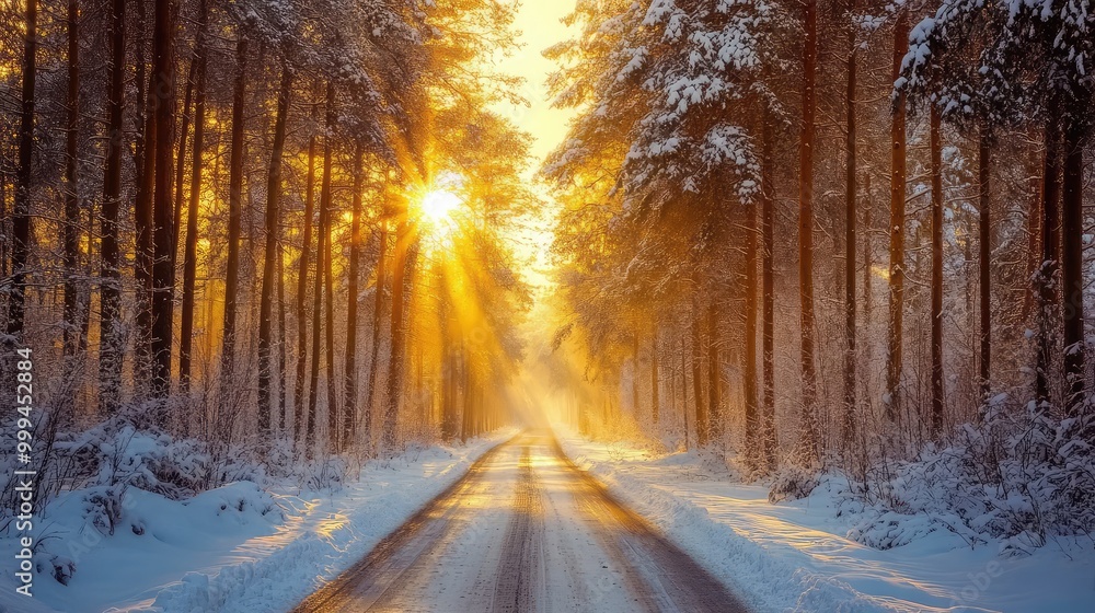 A wide, snow-lined road through a winter forest, where the sun golden rays filter through tall, snow-covered trees, illuminating the untouched snow below A wide, snow-lined road through a winter forest, where the sun golden rays filter through tall, snow-covered trees, illuminating the untouched snow below