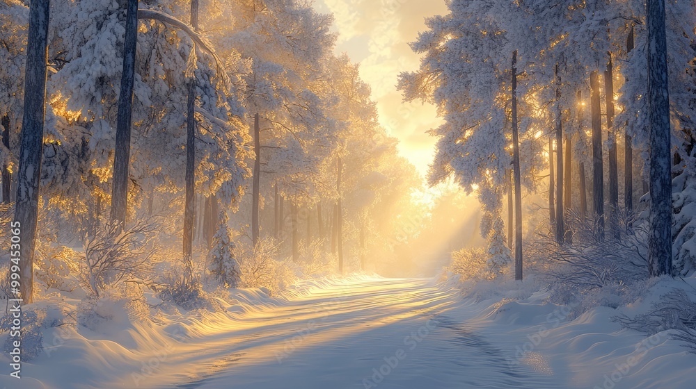 Naklejka premium A wide, snow-lined road through a winter forest, where the sun golden rays filter through tall, snow-covered trees, illuminating the untouched snow below