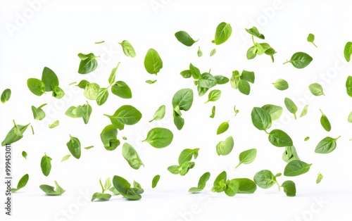 Falling Fresh Spinach Leaves on White Background Generative AI