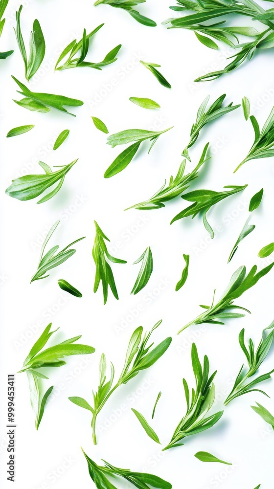 Fototapeta premium Scattered green herbs on a white background Generative AI