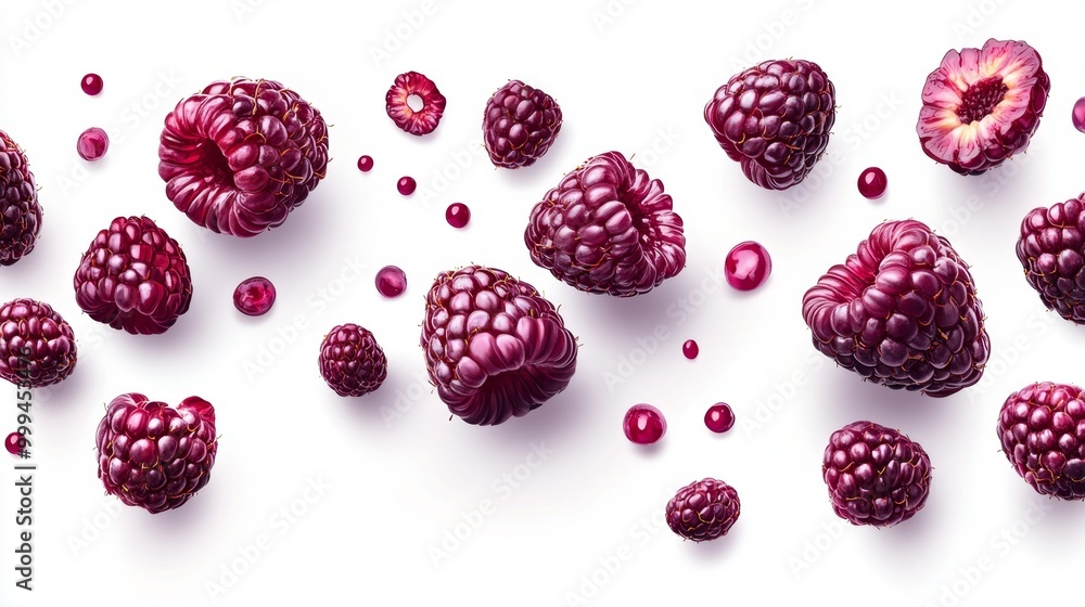 Fresh Raspberries Falling Isolated on White Generative AI Fresh Raspberries Falling Isolated on White Generative AI