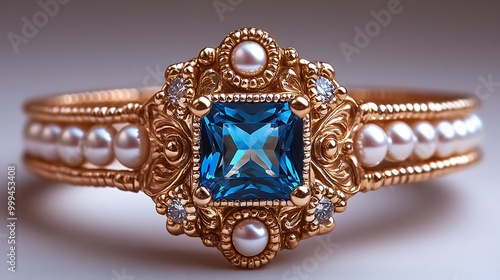 Gold ring with blue gemstone and pearls.