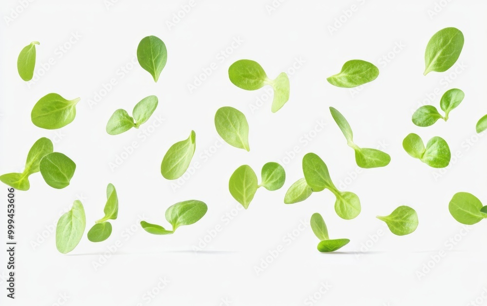 Fresh green leaves floating on a white background Generative AI Fresh green leaves floating on a white background Generative AI