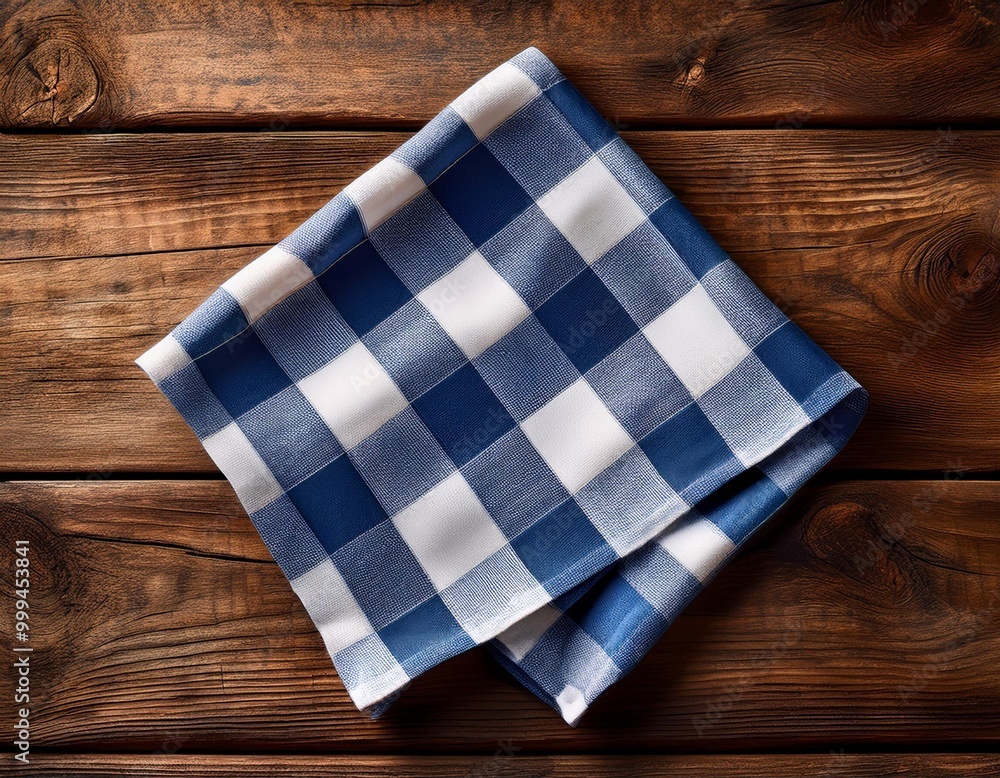A rustic blue and white checkered tablecloth draped over a wooden table, creating a cozy and inviting atmosphere A rustic blue and white checkered tablecloth draped over a wooden table, creating a cozy and inviting atmosphere