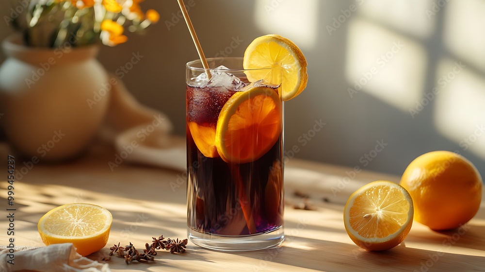 Glass of refreshing iced tea with lemon slices and ice on a wooden table. Glass of refreshing iced tea with lemon slices and ice on a wooden table.