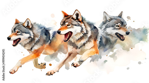 Three Wolves Watercolor Illustration